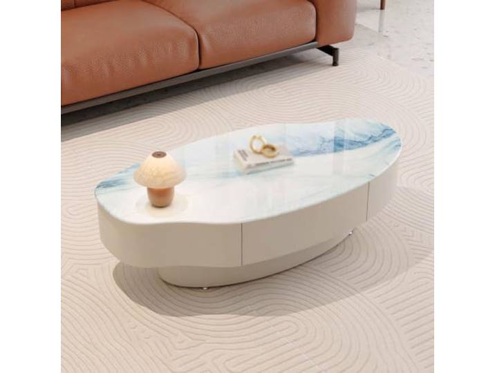 Couchtisch,Organischer Wohnzimmertisch In Moderner Wolkenform,Beistelltisch mit Schublade,Gehärtetes Glas In Marmoroptik,Eisenbasis,Pflegeleicht D,100CM