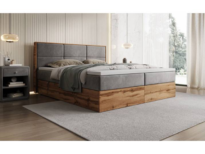Boxspringbett Timber Panel mit Stauraum in Samt - 180x200 - Grau - H4 (100kg+) - Luxusbetten24