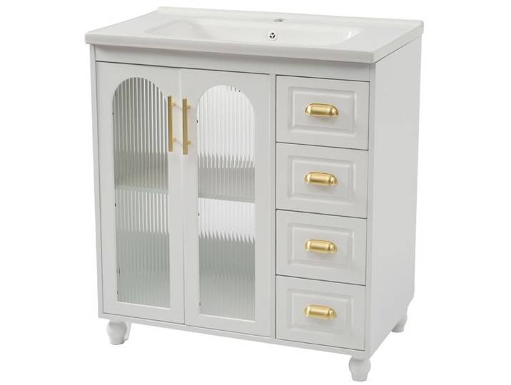 ELVORIN Meuble sous vasque 80 cm avec vasque en céramique blanc MDF portes vitrées tiroirs poignées dorées