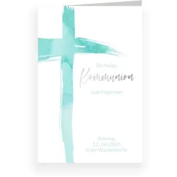 Einladungskarte Kommunion: Wasserfarbenkreuz mit Foto in Weiß