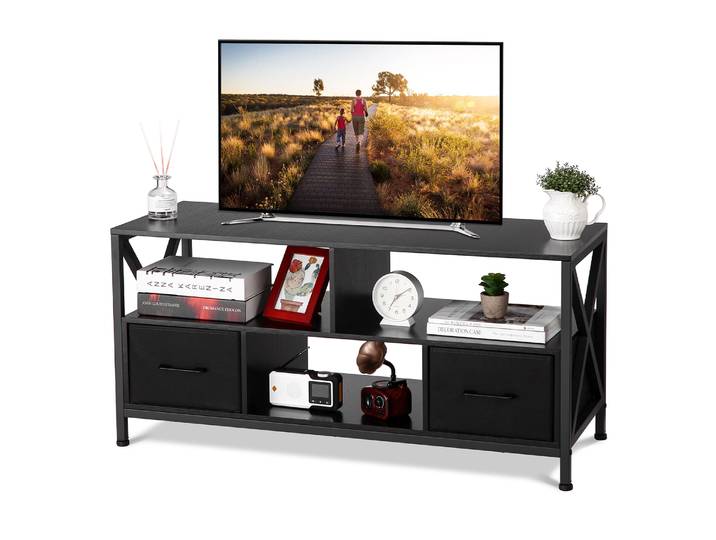 Meuble TV de style campagnard en fer et bois, centre de divertissement, meuble de rangement multimédia, console avec tiroirs en tissu pour le salon