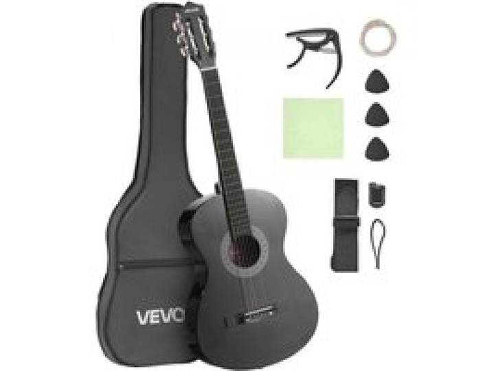 VEVOR Concertgitaar, 960 mm, Houten Klassieke Gitaar Starterset voor Beginners, met Nylon Snaren, Gigbag, Riem, Tuner, Extra Snaren, Plectrums, Capo, Lindehout, voor Beginners, Zwart