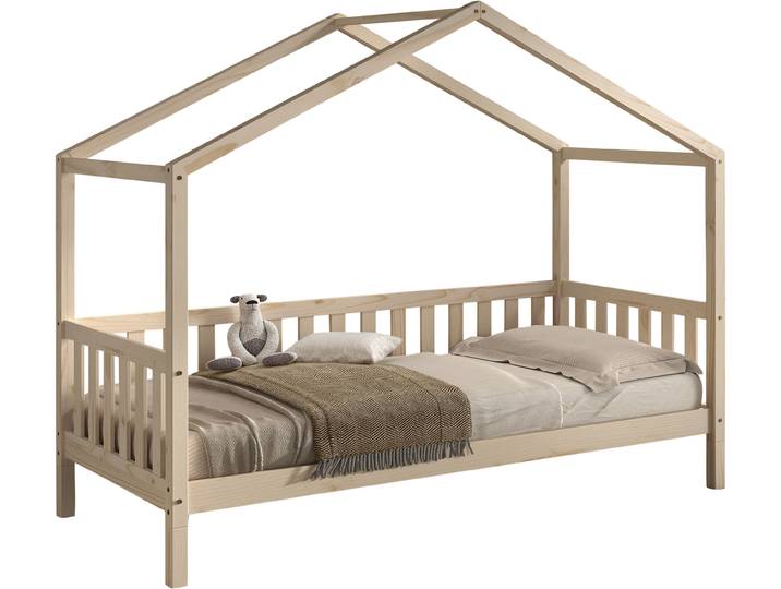 Hausbett VIPACK Dallas, Massivholzbett mit Dachaufbau umbaubar vom Boden- zum Daybett , braun (kiefer natur, kiefer natur, kiefer natur), B:97cm H:170cm L:210cm, Betten, stabil und standfest gebaut, wahlweise Kiefer massiv natur oder weiß