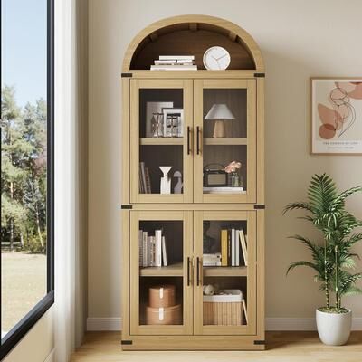 Garvee 71.4in Tall Arched Bookshelf with Doors, Farmhouse Bookcase Display Storage Shelves, Wooden Display Cabinet