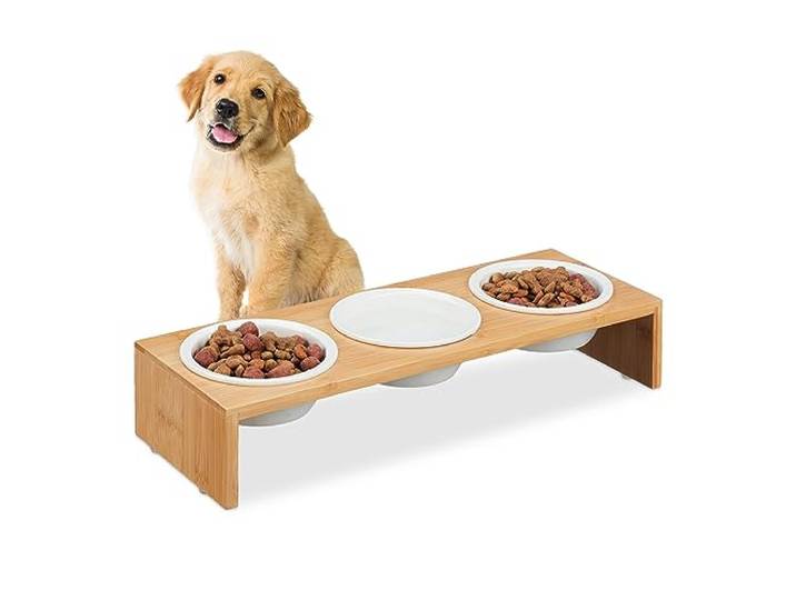 Relaxdays Gamelles pour Chiens\, 3 récipients\, 400 ML\, Compatible Lave-Vaisselle\, Bambou & céramique\, Nature - Blanc