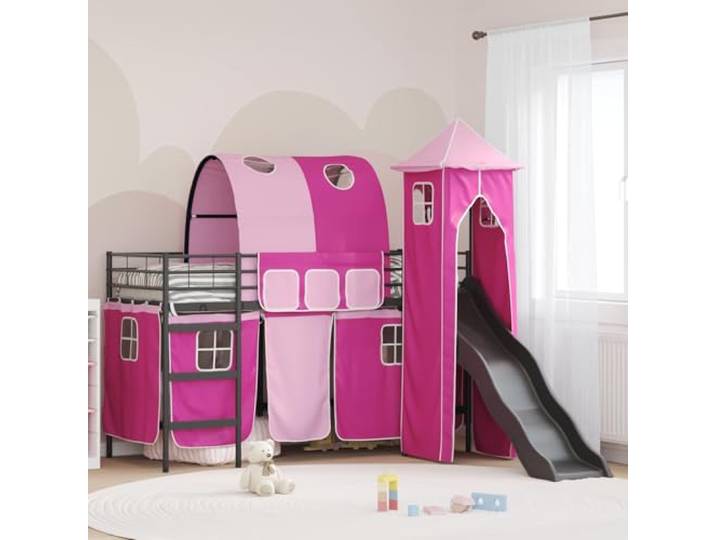 Metallrahmen mit Rutsche Turm Vorhänge Torbogen 90 x 190 cm Schwarz Kinderloftbett Schwarz und Pink 90 x 190 cm Metall Hochbett mit Rutsche Vorhang Turm Stufen Maxi Matratze