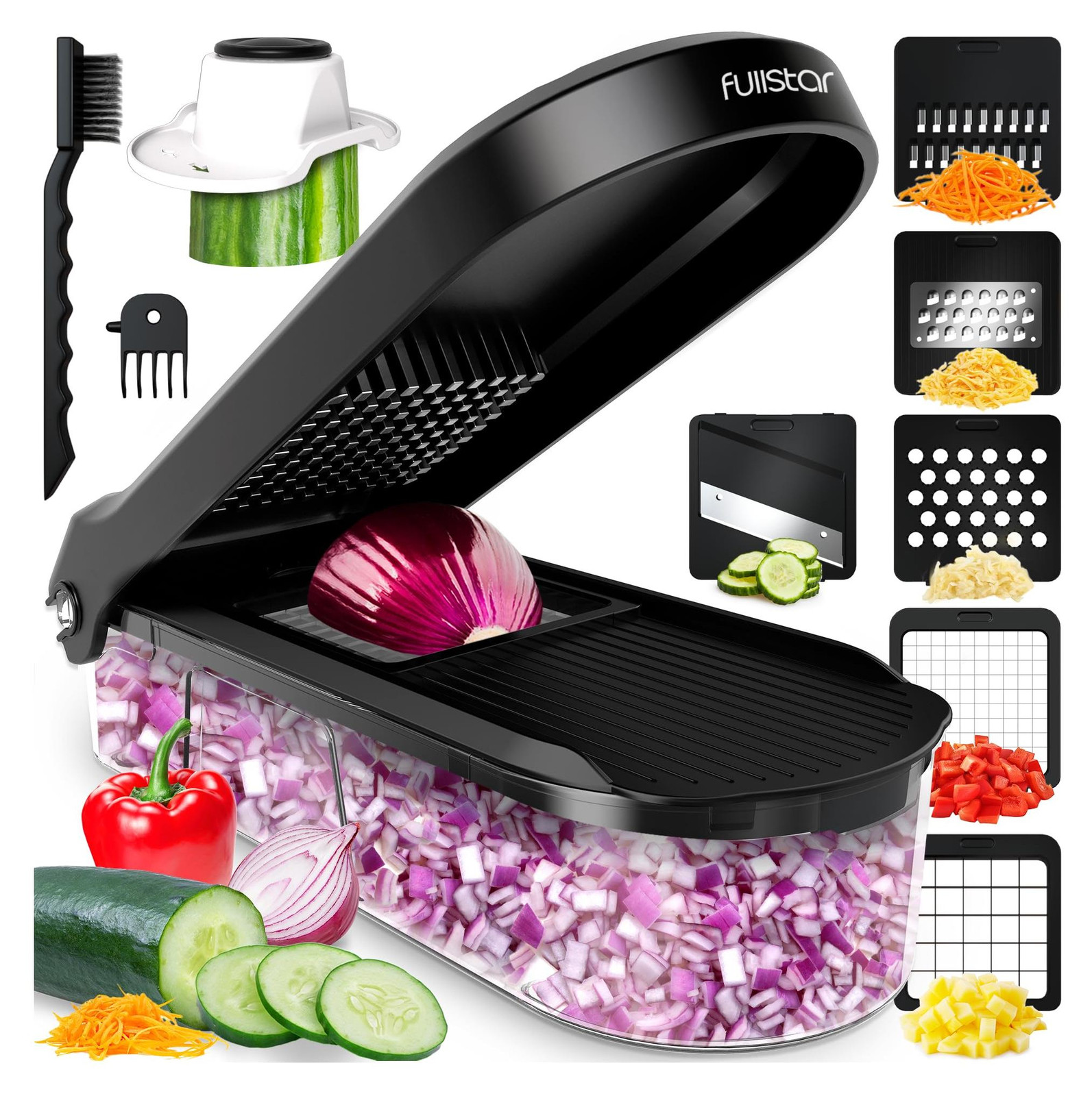 Selius Multifunctionele Groentehakselaar en Mandoline Snijmachine - Compact 6-in-1, Zwart
