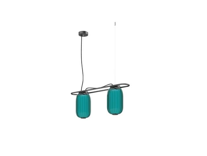 Suspension double en verre opale, bleu L:65cm