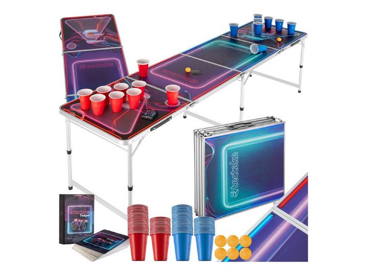 tectake Spieltisch Bierpongtisch, inklusive 100 Bechern, 6 Bällen und Kartentrinkspiel, (Beerpong-tisch BeerWars I), mit LED-Beleuchtung, klappbar und höhenverstellbar, Tragegriffe