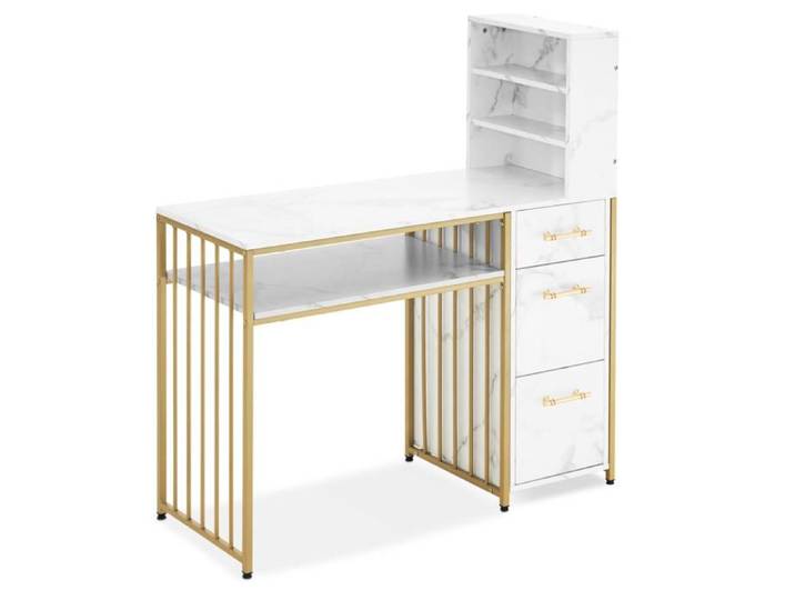 M MCombo 2420WG Bureau avec 3 tiroirs table de manucure en bois structure métallique blanc-or moderne
