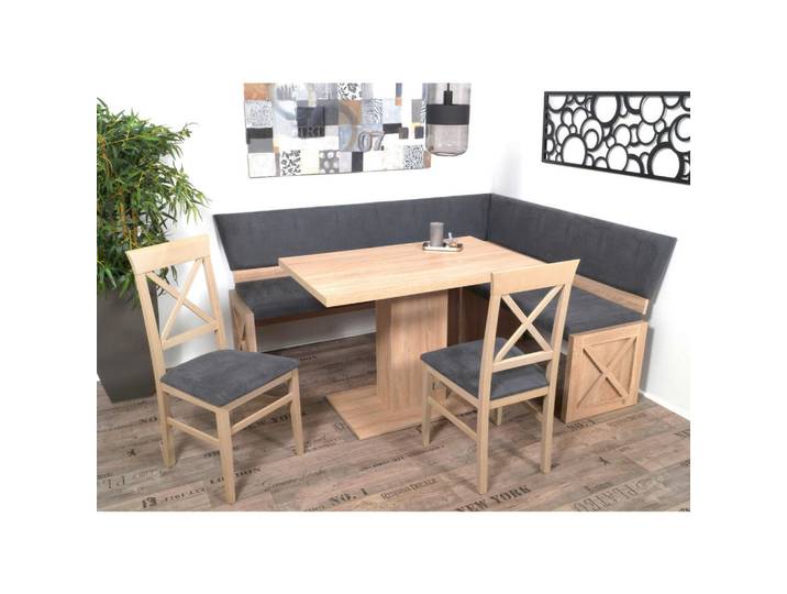 P & B Eckbankgruppe Madrano, Grau, Sonoma Eiche, Buche, massiv, Uni, eckig, 185x87x150 cm, Holzmöbel, Sitzgelegenheiten Holz, Holzbänke