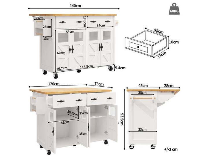 Île Cuisine de haute qualité Voiture de service multifonctionnelle avec grand espace de rangement Blanc Armoire buffet mobile