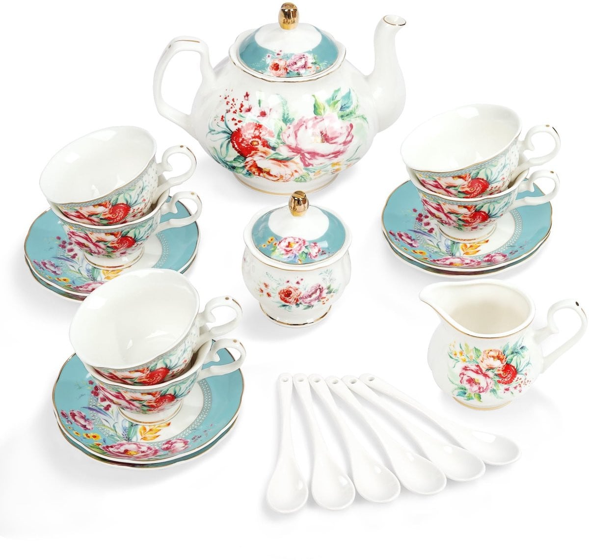 Solidchoice 15-delig porseleinen theeservies met bloemenpatroon