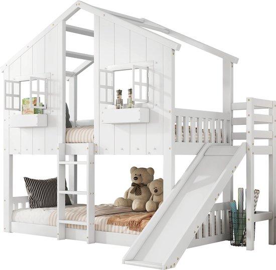 Kinderstapelbett - Holzkinderschrankbett - mit Rutsche - Kinderbett mit Dachfenstern - sichere Armlehnen, mit Leiter, Spielbett Design - Eichenholz und MDF - 247×158×217,5 cm - für Kinderzimmer - Weiss, Natur