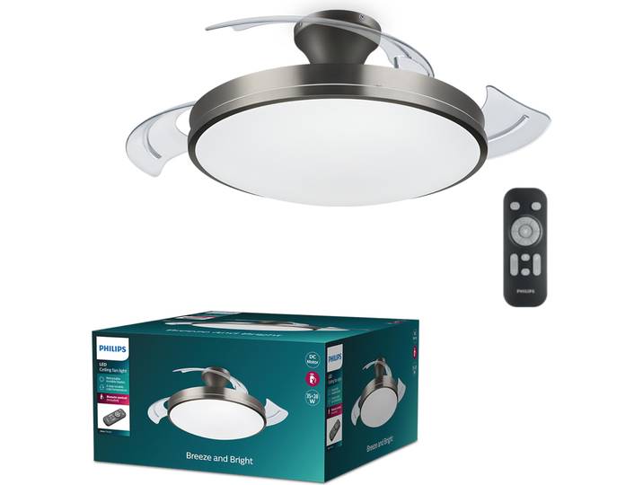Philips Atlas Deckenventilator mit Beleuchtung, 35+28W, Nickel, Metall, Kunststoff, IP20, I, Schlafzimmer, Esszimmer, Küche, Wohnzimmer, Büro, 220-240 V