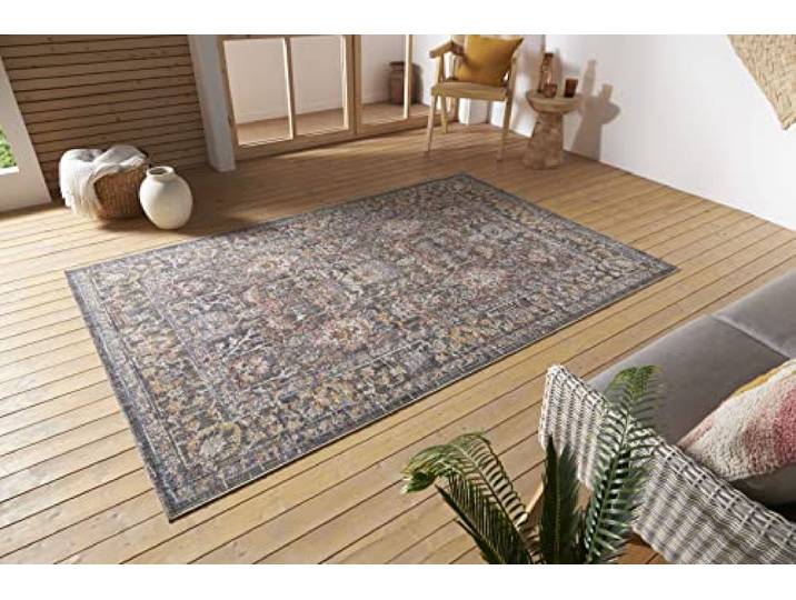 Nouristan Port Said In- & Outdoor Teppich Orientalisch – Flachgewebe Orient Muster Vintage Used Look Waschbar Wetterfest & UV-beständig für Balkon, Terrasse, Garten, Wohnzimmer – Creme Blau, 155x235cm