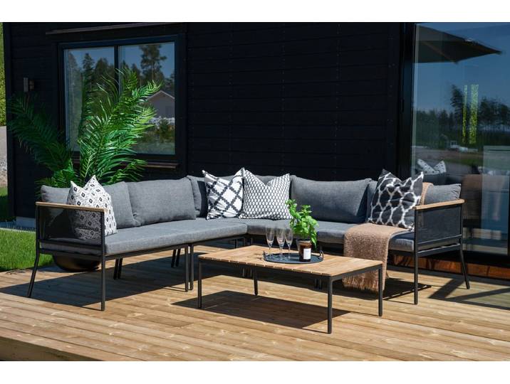Garten Loungeset Luana – in Weiß & Schwarz mit Teak-Tisch & Polstern - Schwarz - Luxusbetten24