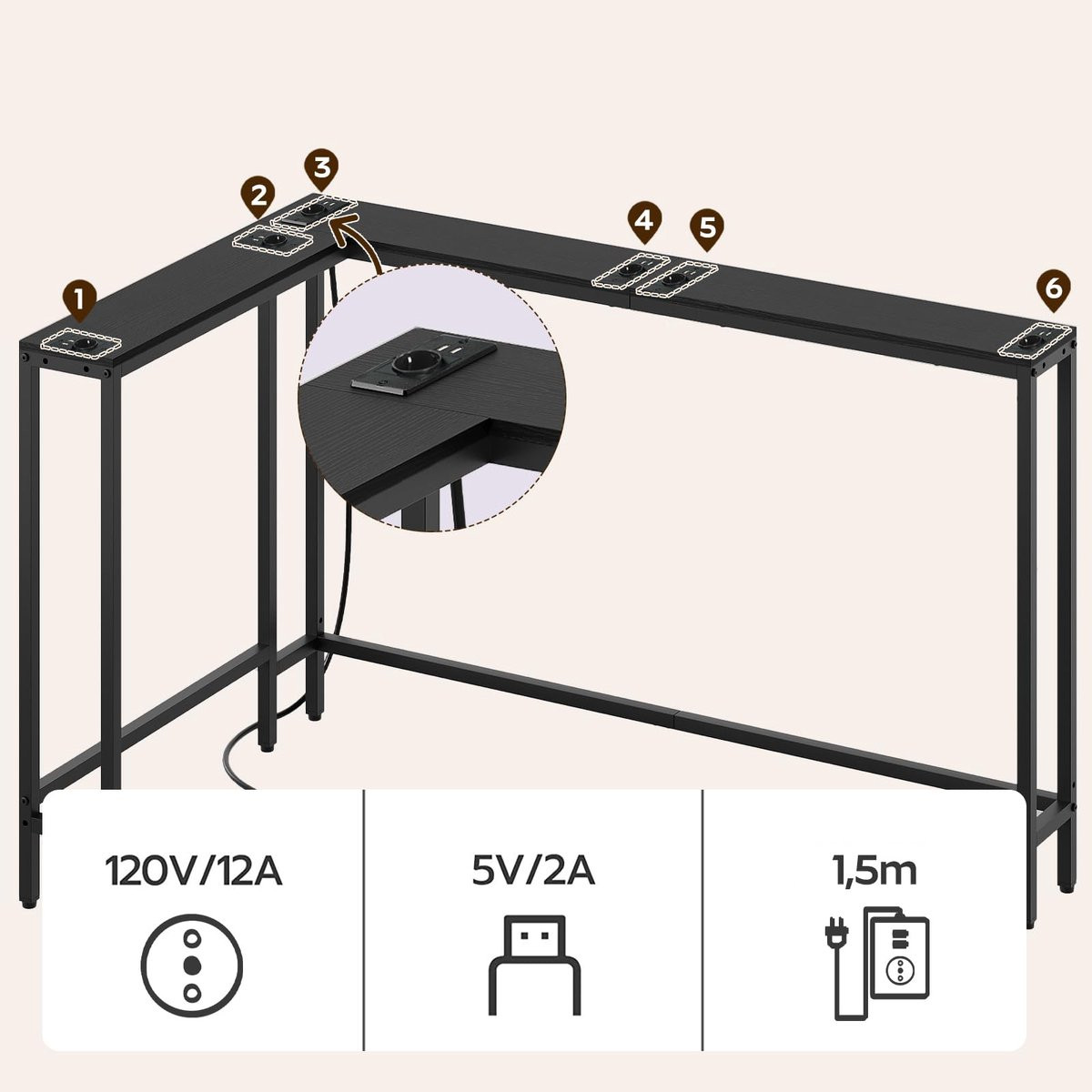 SnelShoppen Consoletafel smal met L-vorm, zwart, Breedte: 15 cm, Lengte: 180 cm