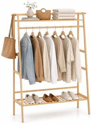 Costway Bamboo Clothing Garment Rack Freestanding Open Wardrobe Organizer with Hanging Rod-Natural
