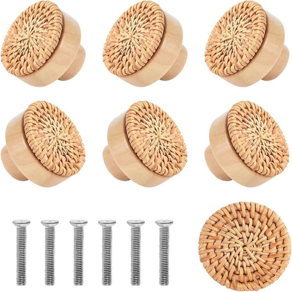 LOUZIR Set van 6 ronde meubelknoppen van hout en rotan