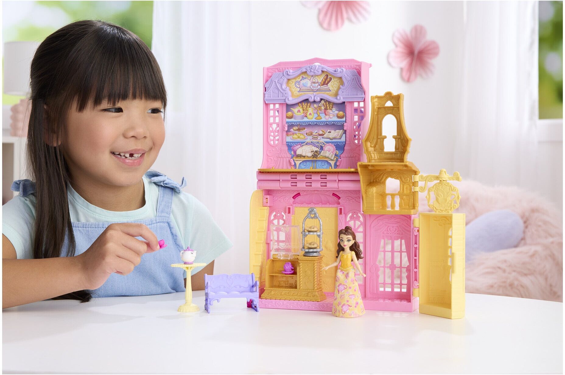Disney Princess Belle Tea Shop Playset with Doll and Mrs. Potts for Kids - Mattel - 3.5 in