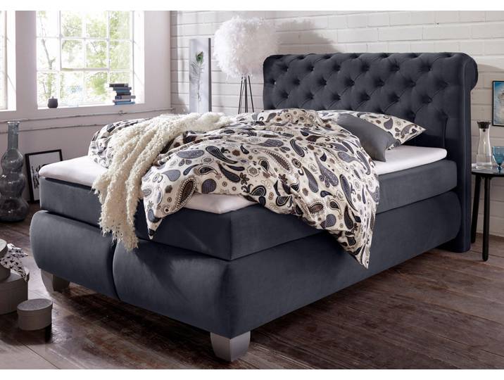 Boxspringbett, Samt, Grau, 214×230 cm, Gepolstert, Klassisch, Hapo