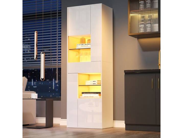 WOVREO Vitrine haute 55 x 38 x 170 cm LED blanc brillant avec 4 portes 1 tiroir et verre trempé
