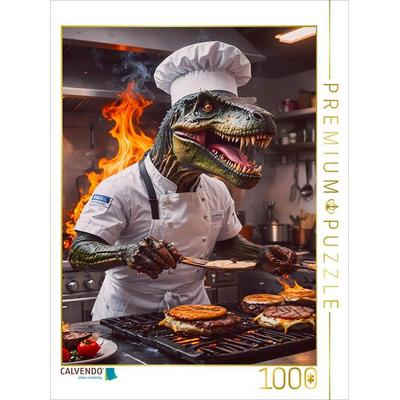 CALVENDO Puzzle Der T-Rex Chefkoch brät Burger | 1000 Teile Lege-Größe 64x48cm Foto-Puzzle für glückliche Stunden