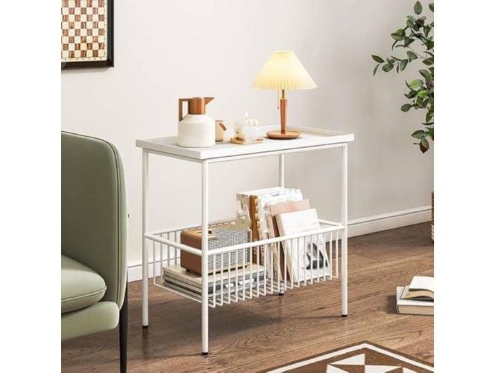 LigedamaiEU Sofa-Beistelltisch, Kleiner Couchtisch mit doppellagigem Lagerregal, Stabiler Nachttisch mit Eisenrahmen for Räume, leicht(White)