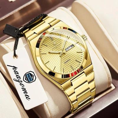 Uplift Treasures Luxury Mens Chronograph Watch Luminous Waterproof Leather Strap gold
