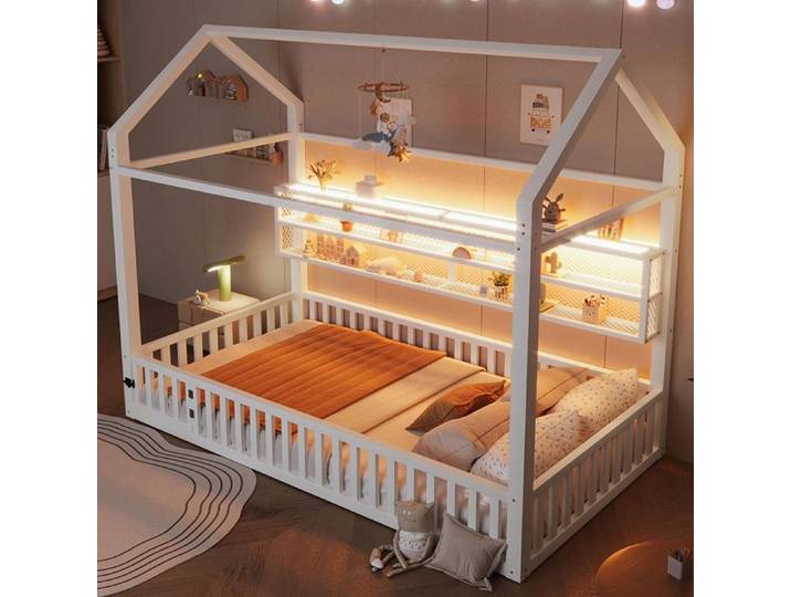 Lit plateforme blanc forme maison 90x200 avec barrière et éclairage LED