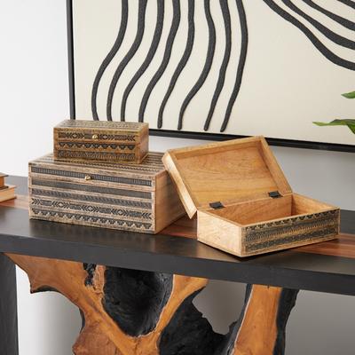 ARCILLA ELEMENTAL Brown Mango Wood Handmade Storage Scroll Box with Gold Accents (Set of 3)
