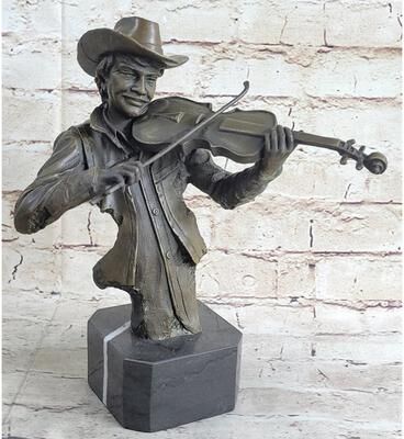 Bronzhaus Cowboy Playing Violin Fiddle Music Bronze Sculpture Marble Statue Figurine