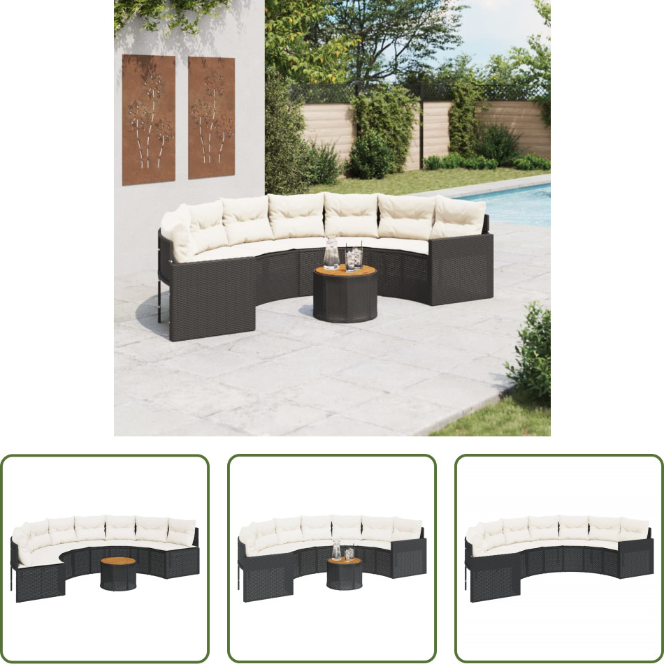 The Living Store Gartensofa mit Tisch und Kissen Halbrund Schwarz Poly-Rattan