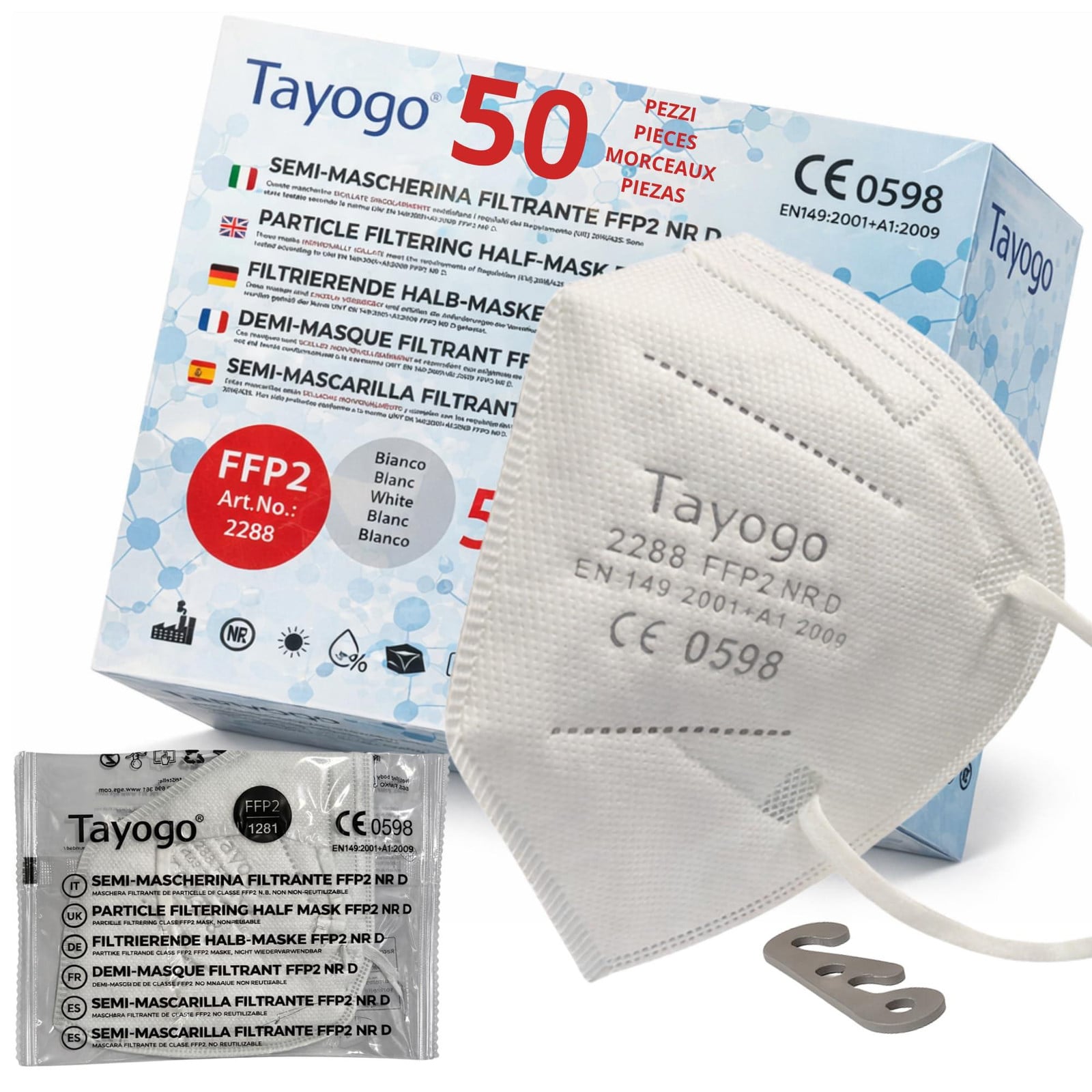 Merkloos FFP2-masker, wit, 5-laags, 50 stuks
