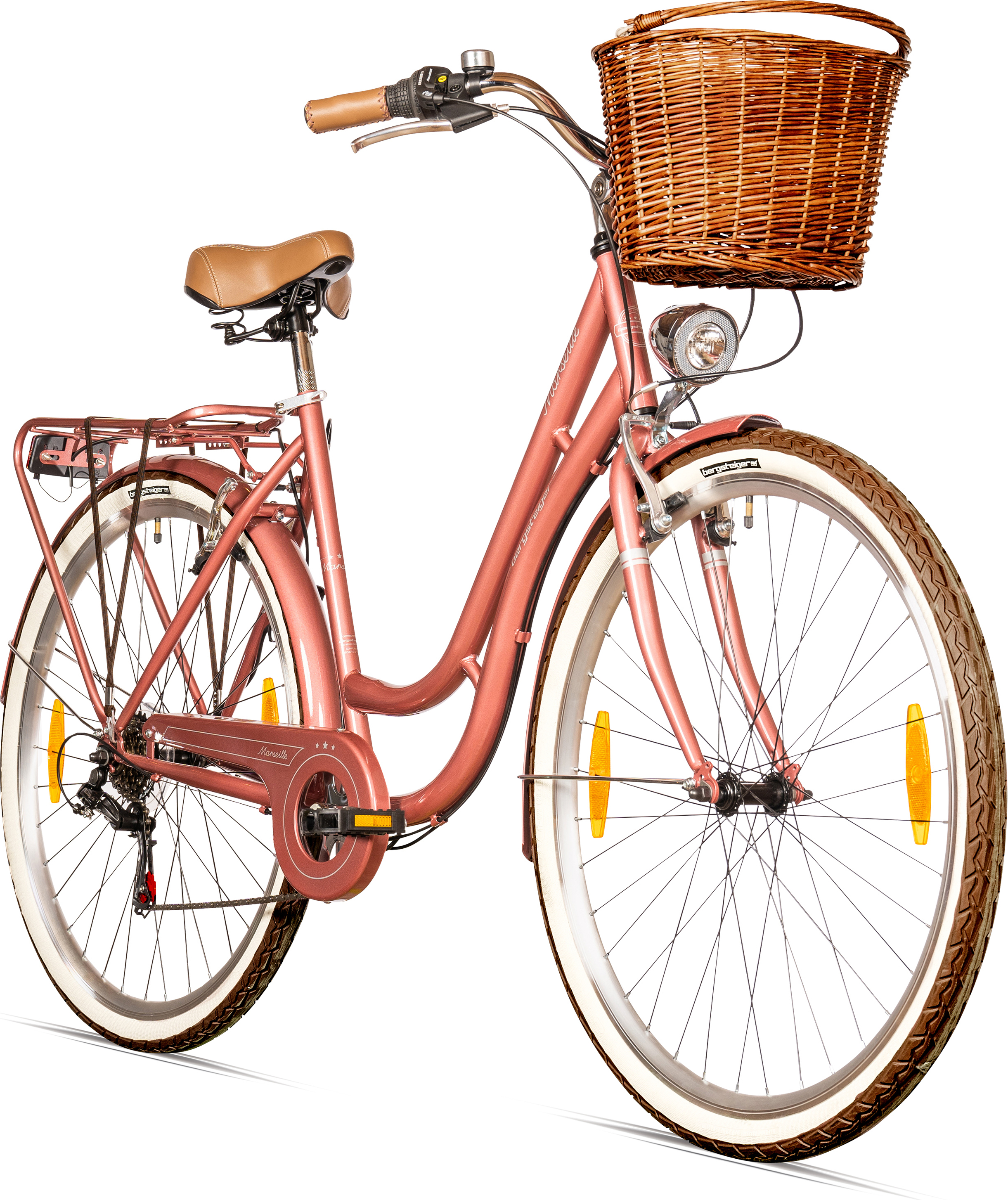 Bergsteiger Marseille 26 Zoll 28 Zoll Damenfahrrad, ab 150 cm, Korb aus Rattan, Fahrrad-Licht, Damen-Citybike, Damenrad im Retro-Design, 6 Gang Shimano Tourney Schaltung
