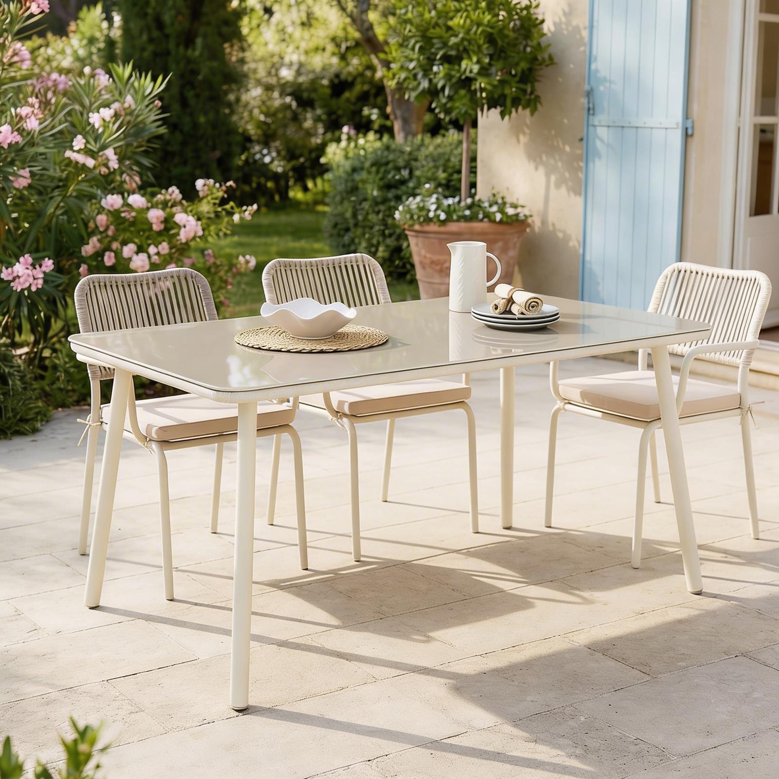 Gartentisch Volonte 160x90 cm, beige - Outdoor Tisch mit Glasplatte für Terrasse & Balkon, Aluminiumgestell mit Rope Detail, modern & pflegeleicht, Platz für 6 Personen, robust & stabil