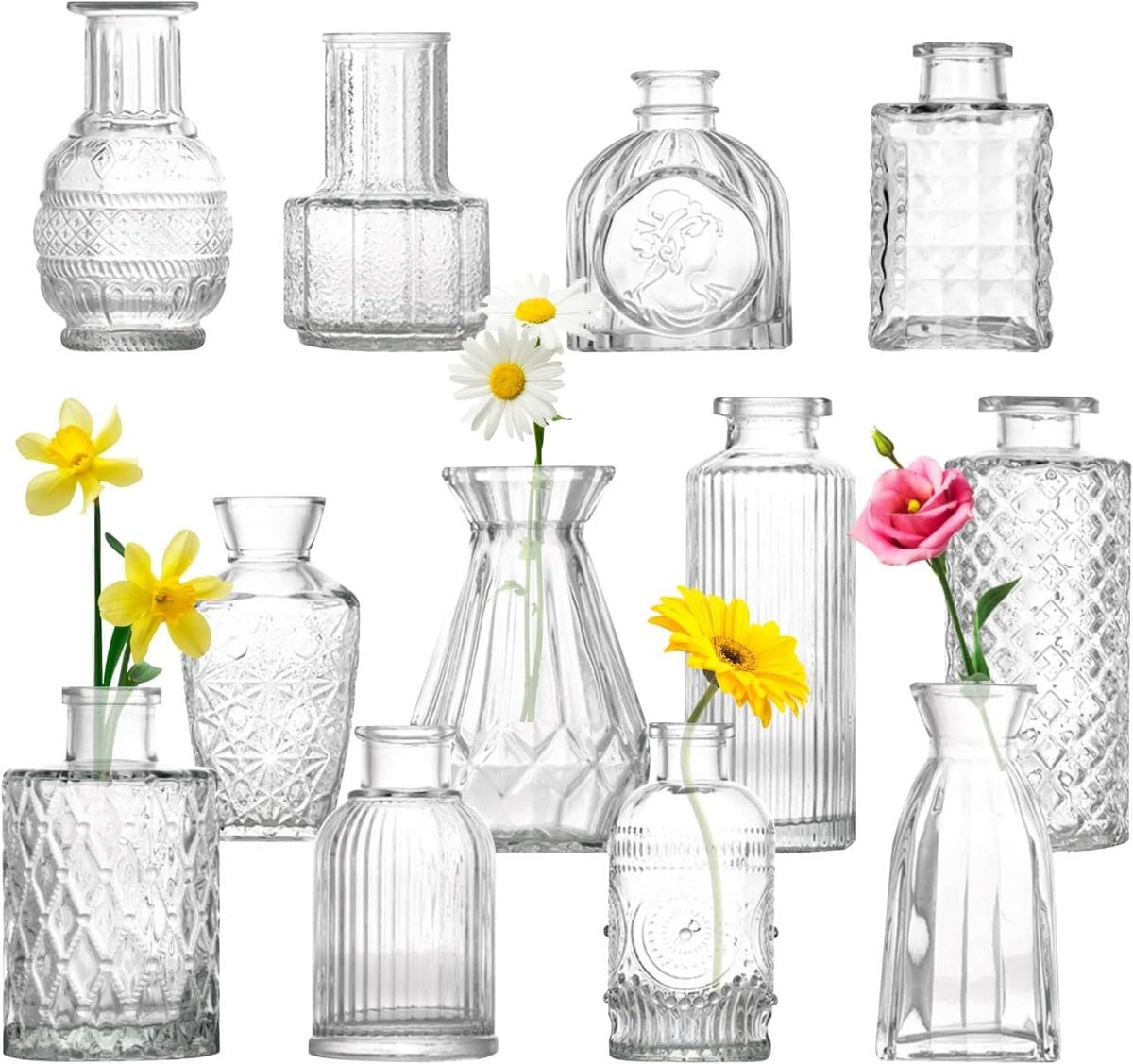 Set van 12 kleine glazen vazen voor rustieke decoratie bij bruiloften en feesten