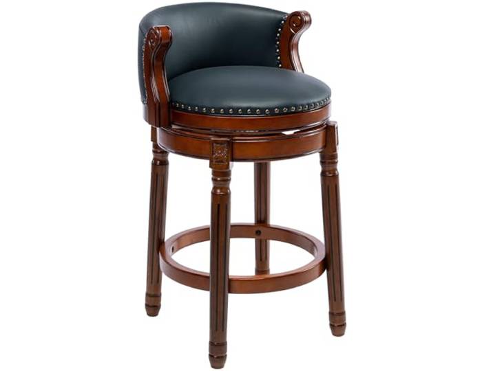 AULIFE Barhocker Holz – 360° Drehbar Barhocker mit Lehne, Echtleder Sitz, Handgefertigt mit Nagelkopfdekor, Massiver Gummibaumholzrahmen, Retro Barstuhl für Küche & Bar
