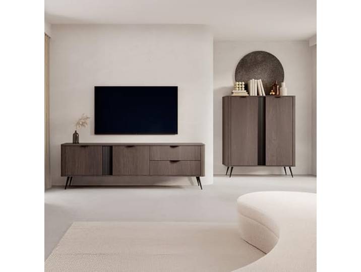 Lomadox Wohnzimmer Set in Eiche mit schwarzem Rillendesign, inkl. Kommode & Lowboard