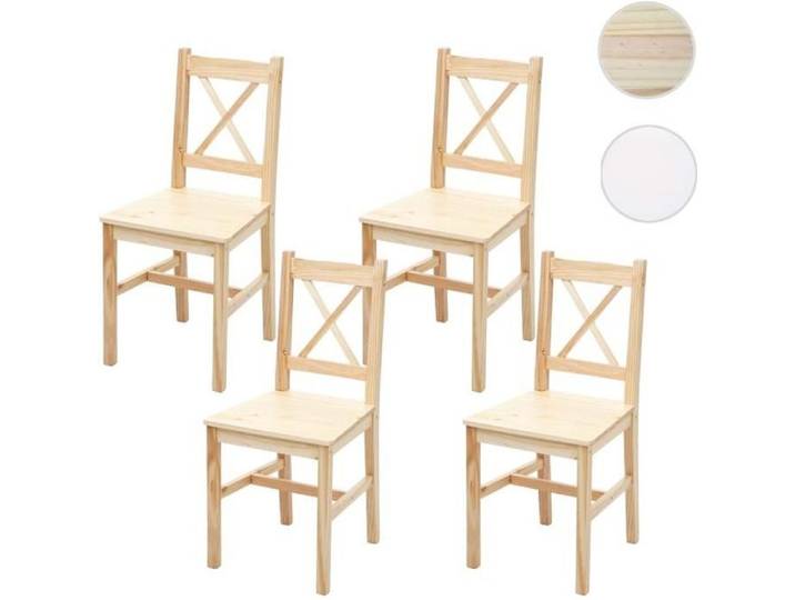 4x chaise de salle à manger HWC-F77 bois massif bois de pin finition lasure