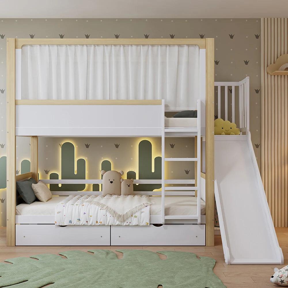 Mehrstöckiges Kinderbett - Stapelbett, Kinderbett, Spielbett - Weiß, 90x200 cm - Mit Rutsche - Mit Rollen versehene Aufbewahrungsboxen