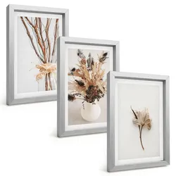 BILDER SET 3er Set - 20x30 cm Silberner Rahmen - Blumenzweige minimalistisch