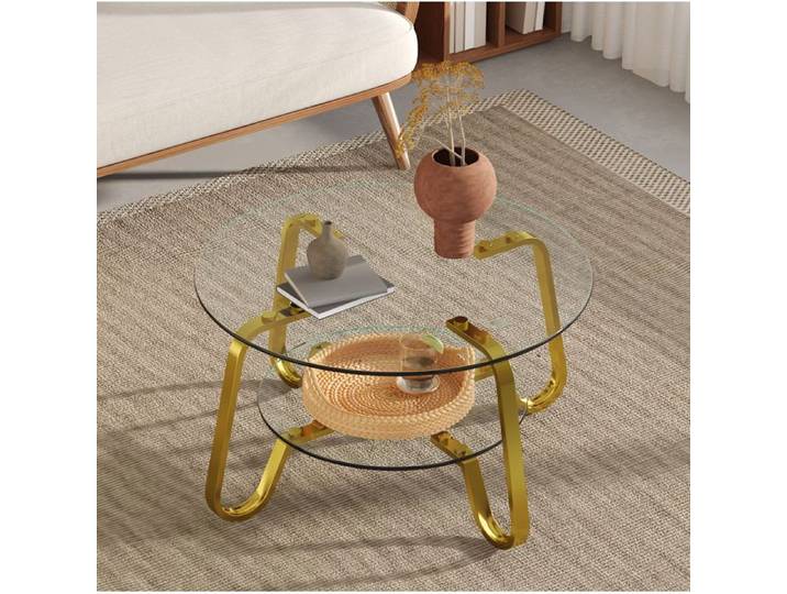 table salon basse double niveau verre trempe metal dore design luxe pour interieur moderne EVRYAE