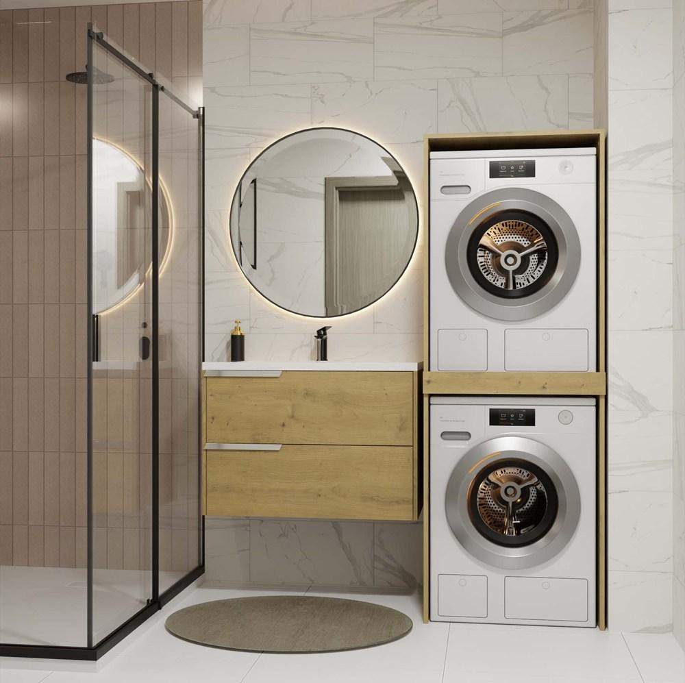 Pola Furniture Badkamerkast voor wasmachine en droger model POLA TWIN met kolomkast in Eiken Artisanaal