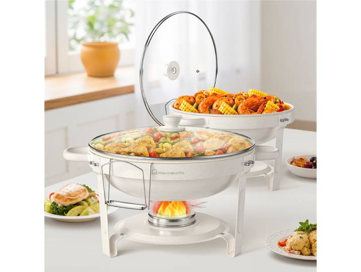 Plats à réchaud blancs 5QT (lot de 2/4) avec couvercle en verre, revêtement Maifanite, ronds, pour buffet, service de traiteur, chauffe-plats pour fêtes