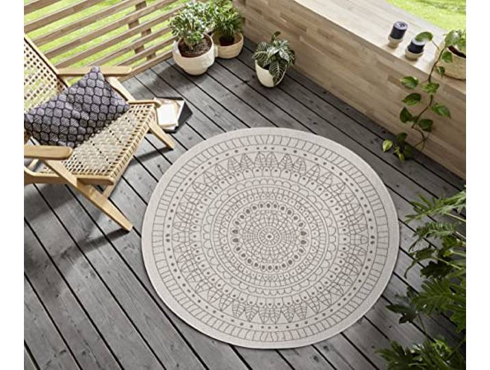 Hanse Home Northrugs Porto In- und Outdoor Teppich Rund – Runder Wendeteppich Wasserfest Mandala Design Flachgewebe Teppich Wetterfest für Balkon, Terrasse, Garten, Wohnzimmer in Linen, ⌀140cm