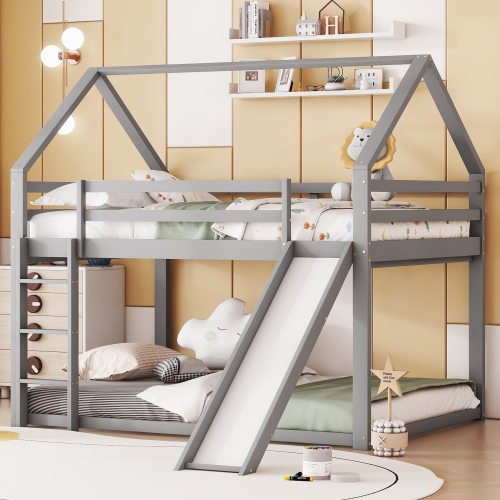 AIORBER Etagenbett, Massivholz, 140x200cm, Kinderbett mit Lattenrost, Hausdesign,mit Rutsche und Leiter,oberes Bett mit Geländer,für Kinderzimmer,Grau
