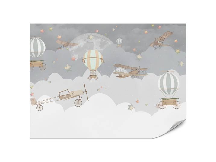 FOTOTAPETE für Kinderzimmer Ballons Wolken Flugzeug Himmel Sterne 200x140