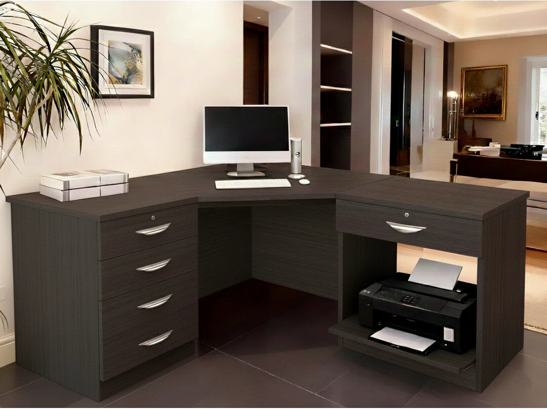 Ebern Designs Walshaw Solid Wood Writing Desk Black Havana 72.8cm H X 154cm W X 141.9cm D